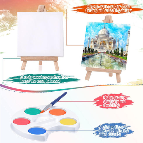Set 4x4" Birthday(24 Set) Crtiin Mini Watercolor Paint Gifts Small Painting Kits Canvas with Easel Paints Brush Art