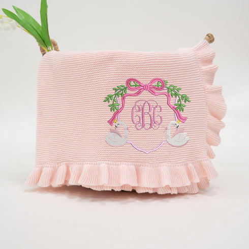 Personalized Floral Swan Baby Girl Blanket with Monogram Embroidery, Custom Name Knit Blanket, Elegant Nursery Decor