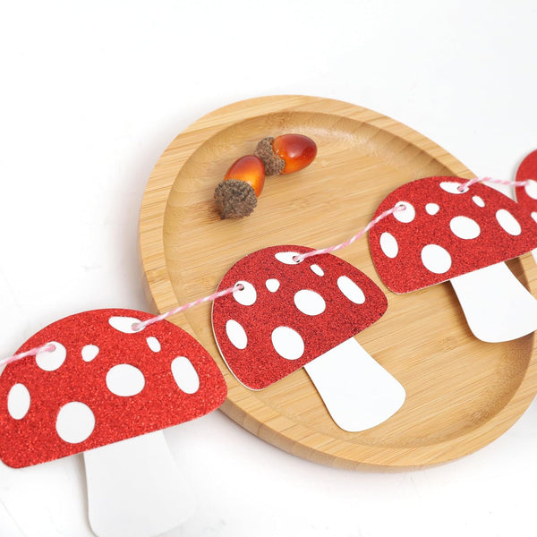Agkvw Mushroom Garland - Red Glitter Mushroom Banner, Woodland Party Decor, Mushroom Theme