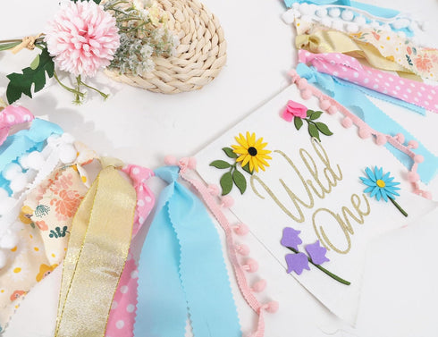 LINLULU 1st Wild flower High Chair Banner - Girls WildOne Birthday Decoration, Floral Theme Highchair Banner, Our