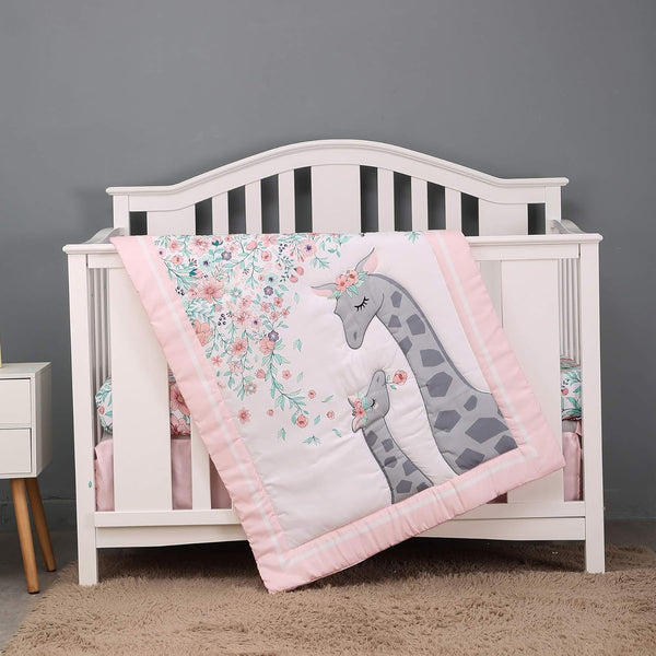 CribMATE 3 PCs Pink Floral Giraffe Nursery Crib Bedding Set Lovely Mommy Giraffe