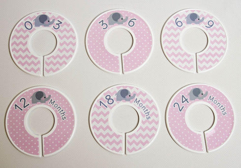 6 Baby Girl Nursery Clothing Size Closet Dividers, Pink Elephant (1.25 Inch Rod)