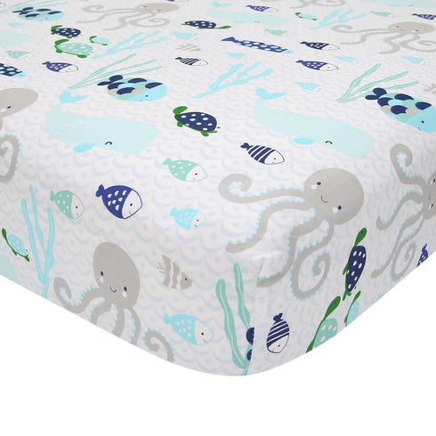 Oceania Fitted Crib Sheet by Lambs & Ivy - 100% Cotton, White with Blue Nautical Fish and Octopus