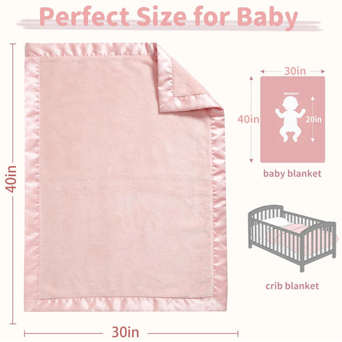 2 Inch Cozy 30x40 Inch Pro Goleem Fleece Baby Blankets for Girls with Satin Trim, Super Soft Plush Receiving Blanket