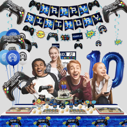 Video Game Party Decorations: 10th Birthday Supplies with HAPPY BIRTHDAY Banner & Gaming Balloons