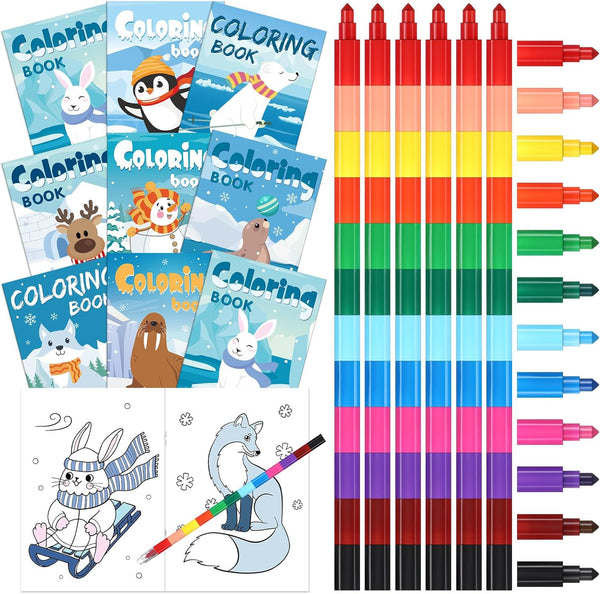 Funrous 24 Pcs Winter Christmas Coloring Books Bulk with 24 Stackable Crayons