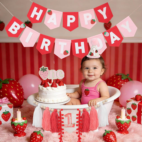 1st DCJHFJ Strawberry High Chair Banner Felt Strawberry Happy Birthday Banner Berry First Birthday Decorations