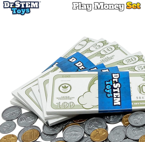 Set 400 Dr. STEM Toys Play Money for Kids: Durable Boxed Provides Pieces of Realistic Fake Money Bills & Fake Coins