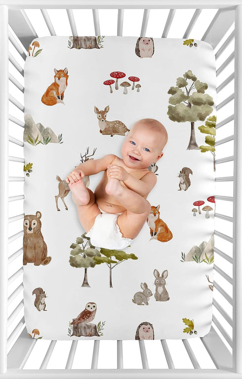 Sweet Jojo Designs Woodland Forest Animals Fitted Mini Crib Sheet - Gender Neutral Baby Nursery