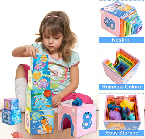 Wooden Dinosaur Nesting and Stacking Block Toys, Number Nesting Boxes, Birthday Gift for 12-24 Month Boys Girls