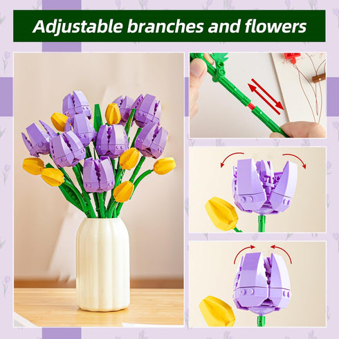 Sets Sawaruita Purple Tulips Bouquet Building Block for Adult Woman-Botanical Collection with Vase, Home Decor Gifts