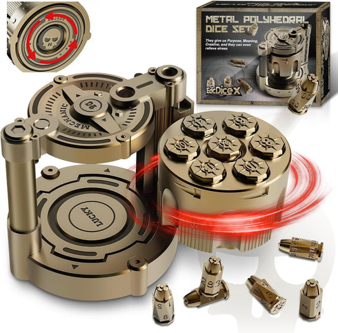YNWML Metal Dice Set, 7 Piece Polyhedral Bullet Dice with Spinning Revolver Cylinder