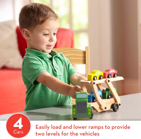 Melissa & Doug Wooden Car Carrier Truck and Cars Toy Set with 1 Truck and 4 Cars for Kids Ages 3+