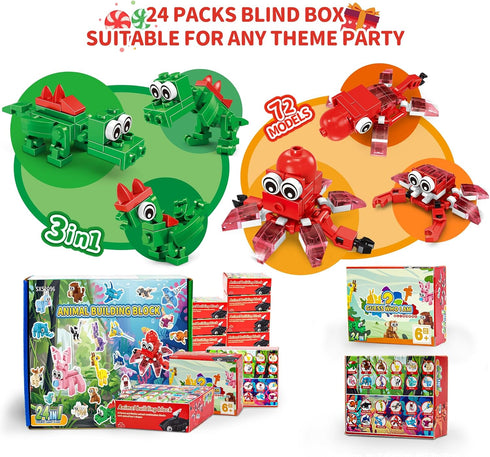 24 Pack 72 Set, 6-12+ Party Favors for Kids - Kinds of Animals Building Block Toy Stocking Stuffers Classroom Prizes