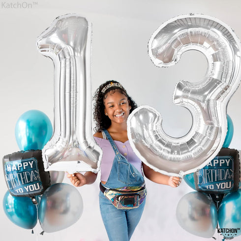 KatchOn Big Silver 13 Balloon Numbers - 40 Inch for 13th Birthday Decorations for Girls and Boys