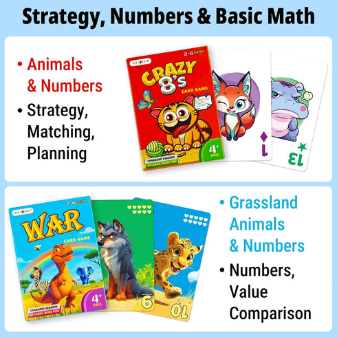 Pack, 6 Upgraded Kids Card Games Decks, Go Fish, Old Maid, Crazy Eights, Memory Match, Slap Jack, War, Playing Cards