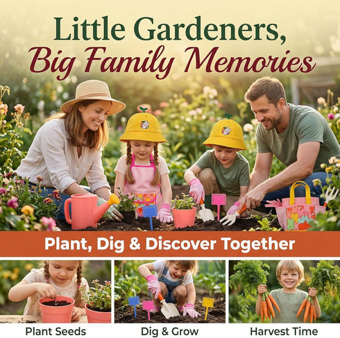 Set 3-8, Kids Gardening Outdoor Tools with Adorable Sun Protective Hat & Bunny Apron, Carrot-Shaped Shovel Rake Trowel