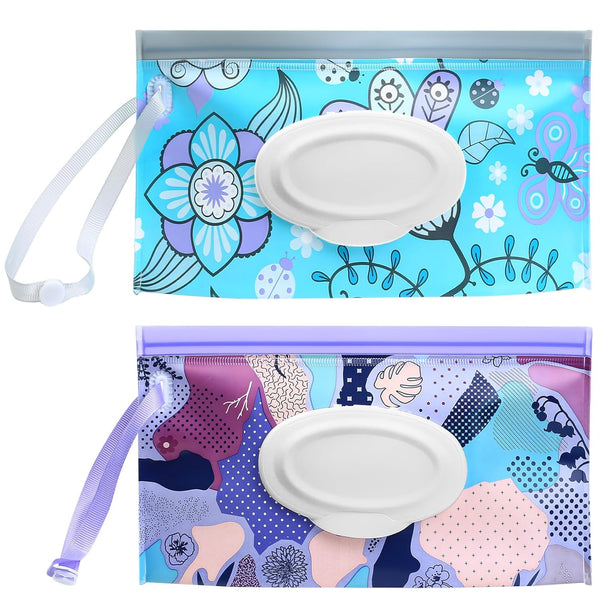 Baby Wipes Dispenser, 2 Pcs Travel Holder, Refillable Wet Wipe Pouch, Reusable Container, Portable Dispenser, Blue