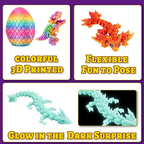 TAHAVICE 24 Pack 3D Set Printed Dragons Eggs with Dragon Inside, Articulated Desk Decor Display with Mini Animal