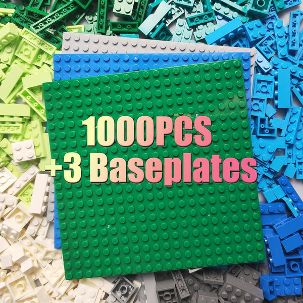 1000 Pieces Classic Building Bricks, 3 Stackable Base Plates 6.3" x 6.3" in Blue, Gray, and Green, Compatible with
