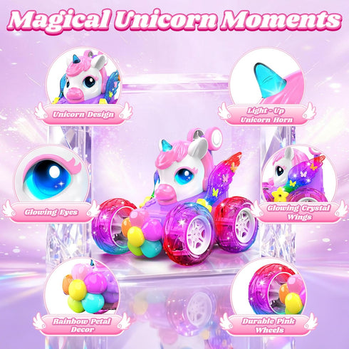 Zmpolir Lights,360Rotation 3 4 5 6 7 8 9 10 Unicorn RC Cars for Girl Toys with Glowling Crystal Wings &Eyes Remote
