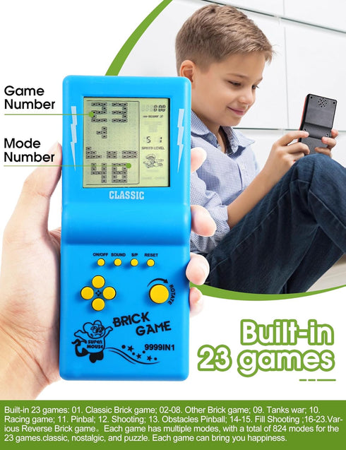 3.5-inch Retro Brick Game Console - 80s/90s Building Block Game with 23 Classic Games, Nostalgic Puzzle (Blue)
