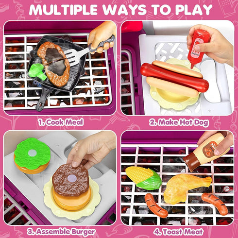 Playset 2-Layer Set 3-5, Kids Play Kitchen Toys, Kids BBQ Grill with Smoke Sound Light, Barbecue Toy with Wheels