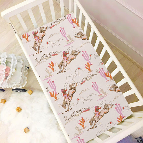 Mazeann 52" 28" 9" Cowgirl Western American Crib Sheets Soft Breathable Fitted Baby Crib Sheets Mattress Cover for Girl