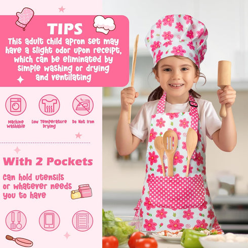 Set 2Pcs R HORSE Kid Apron and Chef Hat - Adjustable Children Pink Flower Kitchen Toddler Apron for Girls, Role Play