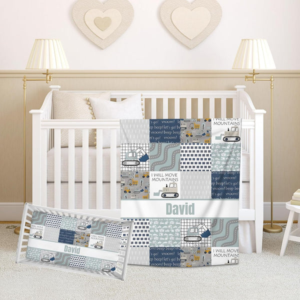 Noverbibi Personalized Baby Crib Bedding Set, Construction Mountains Theme, 2 Piece Crib Bedding
