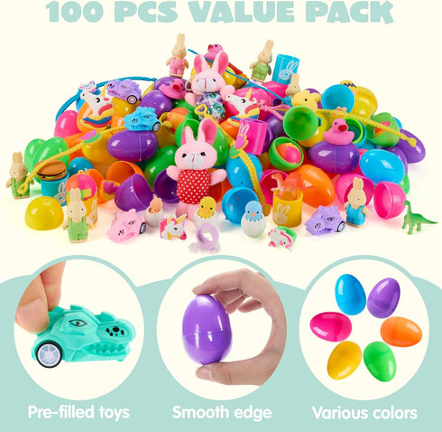 100 JOYIN Pcs Prefilled Easter Eggs with Toys Plus Stickers, Filled with Toys Party Favors for Kids Boys Girls Easter