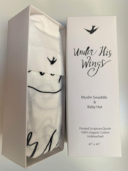 Under His Wings 91) 100% Muslin Swaddle & Bonus Baby Hat with Scripture Quote (Psalm - Organic Unbleached Cotton