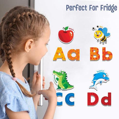 78 Magnetic Alphabet Set, 26 Uppercase, 26 Lowercase Letters & 26 Object Patterns, Educational Spelling Learning Toys