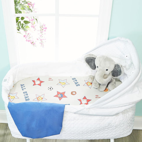 2-Pack 100% Bassinet Sheets - Cotton Percale Jungle Sports and Blue Bassinet Mattress Pad Fitted Sheet for Baby Boy;