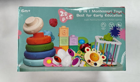 Baby Toys for 6 to 12 Months - Montessori Sensory Bins Toys for Toddlers, Pull String Teether, Stacking Blocks
