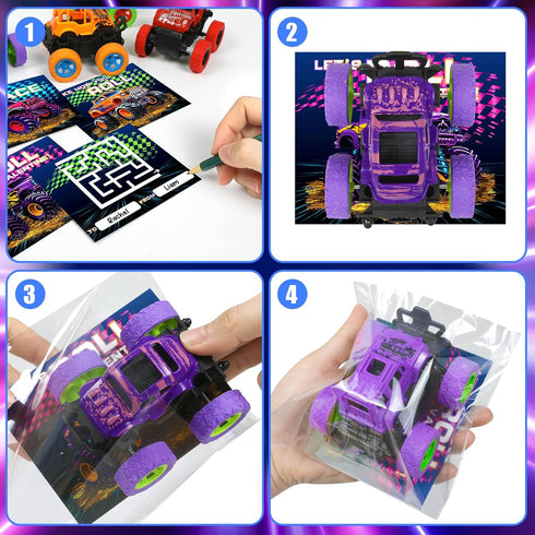 24Pack choopheme Monster Truck Toys Valentines Day Cards Gifts for Kids Valentines Cards Inertia Stunt Car Valentines