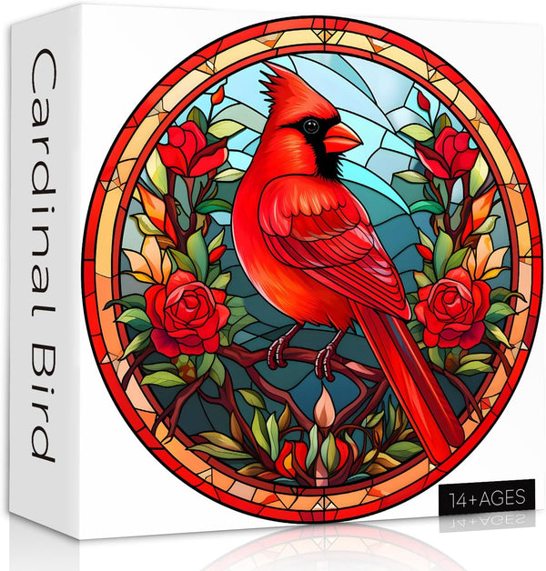 Stained Glass Puzzle Bird Puzzles for Adults 1000 Pieces - Round Cardinal Flower Puzzle, Colorful Wall Art Decor