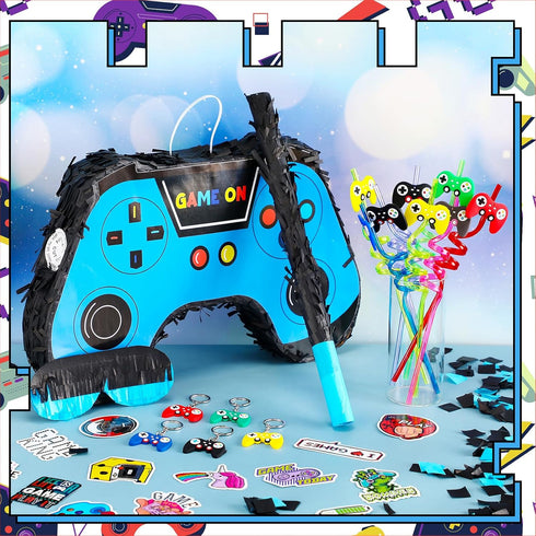 Meooeck 90 Video Game Party Favors, Game Controller Piñata, Blindfold, Confetti, Keychain, Gamer Birthday Decorations