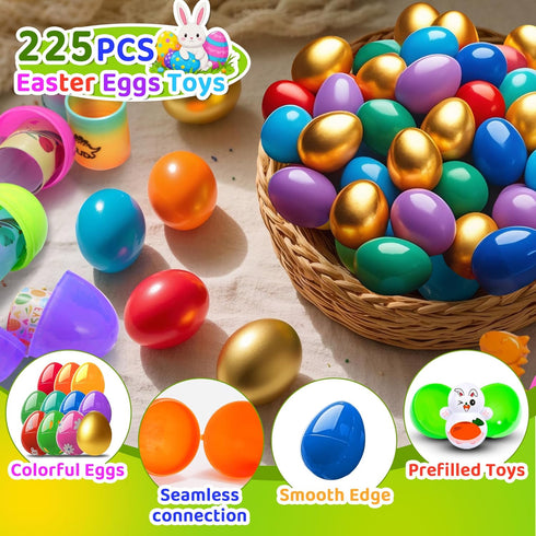 Ulosharky 225Pack Prefilled Easter Eggs with Toys Inside for Easter Egg Hunting Basket Stuffers, Surprise Plastic Eggs