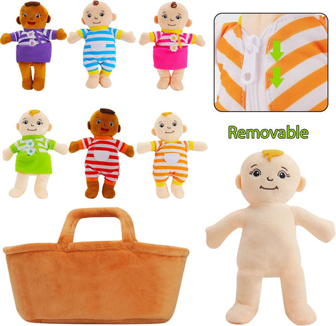 8" 6 Set Basket of Babies Plush Dolls, Plush Diversity Baby Dolls- Piece Interchangeable Clothes Stuffed Plush Figures