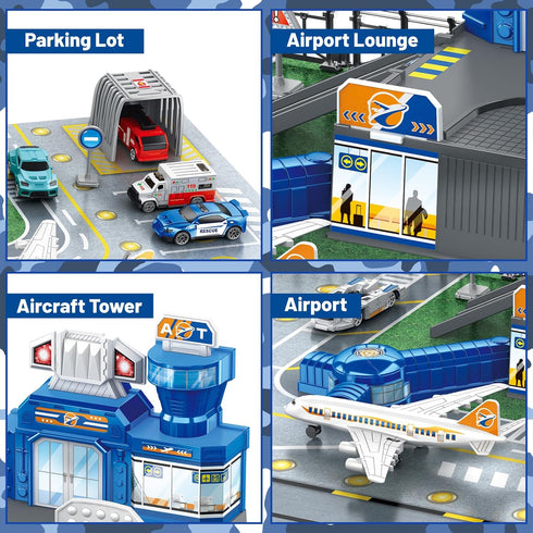 3 4 5 6 deAO Airplane Toys for Kids with Trucks, Helicopter,Planes, Signs,Fire Trucks Race Cars and Airport