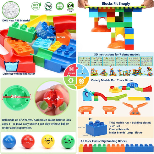 COUOMOXA Marble Run Building Blocks, Classic Large Blocks Maze Track Sets for Toddlers, Educational STEM Toys
