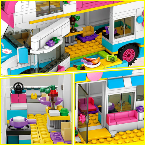 HOGOKIDS 3-in-1 Girls Camper Van Building Set, 494PCS Summer Beach Camping Blocks and Food Truck Toys