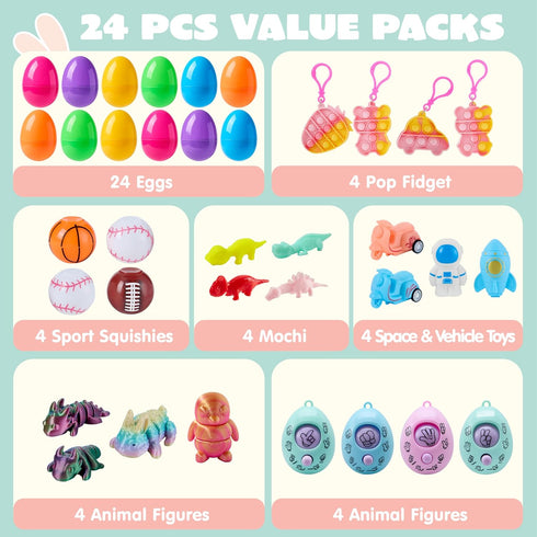 24 JJOYIN Pcs Prefilled Easter Eggs with Assorted Toys, Filled with Easter Toys, Easter Basket Stuffers for Kids
