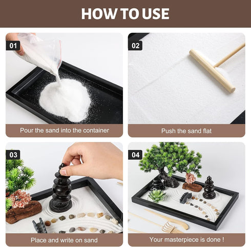 Set Zen Garden Kit for Desk Decor - Premium Beautiful Japanese Mini Sand Box Home, Office with Black Wooden Tray, White