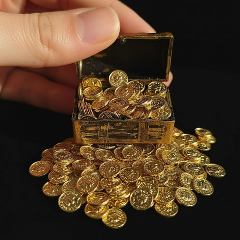 Set, 100 Vintage Miniature Gold Bars Pieces Dollhouse Treasure Chest Collection, Metallic Gold Finish, Display