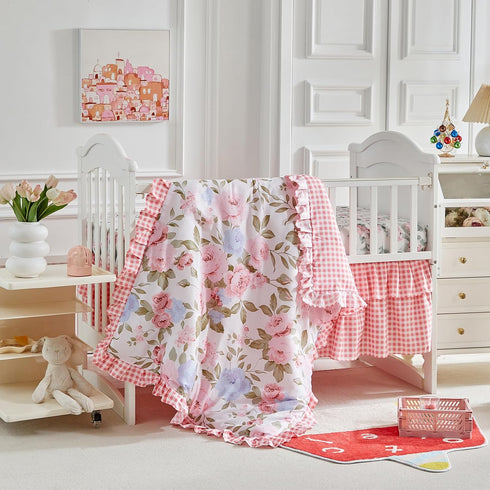 3 Set Pieces Flowers Crib Bedding Baby Ruffled Quilted Comforter with Fitted Sheet and Bed Skirt - Cute Ruffled Shabby