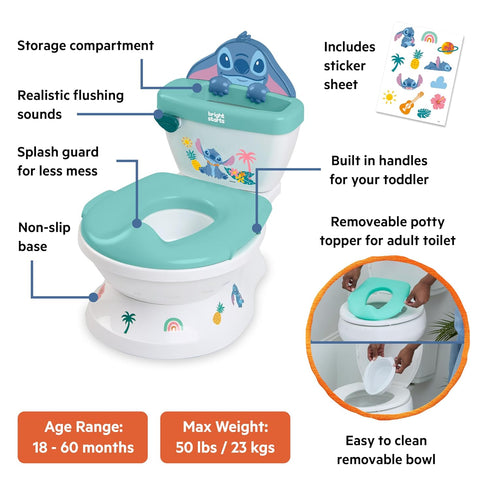 18+ 50 lbs Bright Starts Disney Junior Stitch My Size Potty Training Toilet, Toddler Potty Chair with Flushing