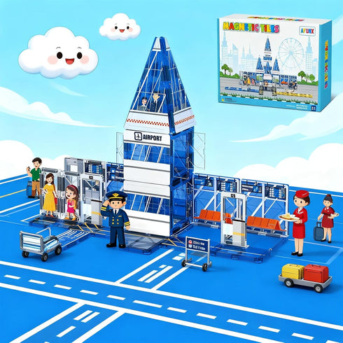 54PCS Set, 3-5 5-7 8-10 AFUNX Magnetic Tiles, Airport Theme Building Blocks Magnet Building Blocks and STEM Preschool