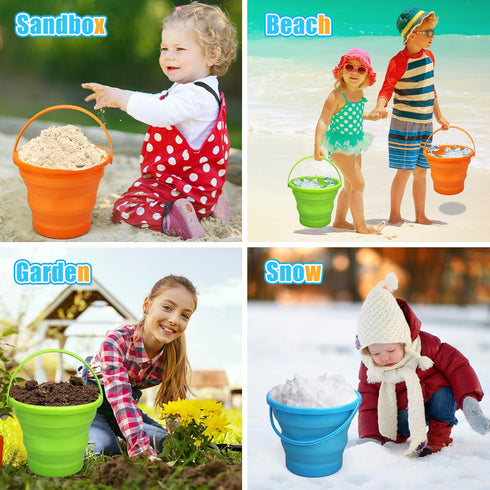 LNCOJOLM Summer Collapsible Bucket Sandbox Kit Toys for Kids, Foldable Bucket Multi Purpose Sand Pail for Garden